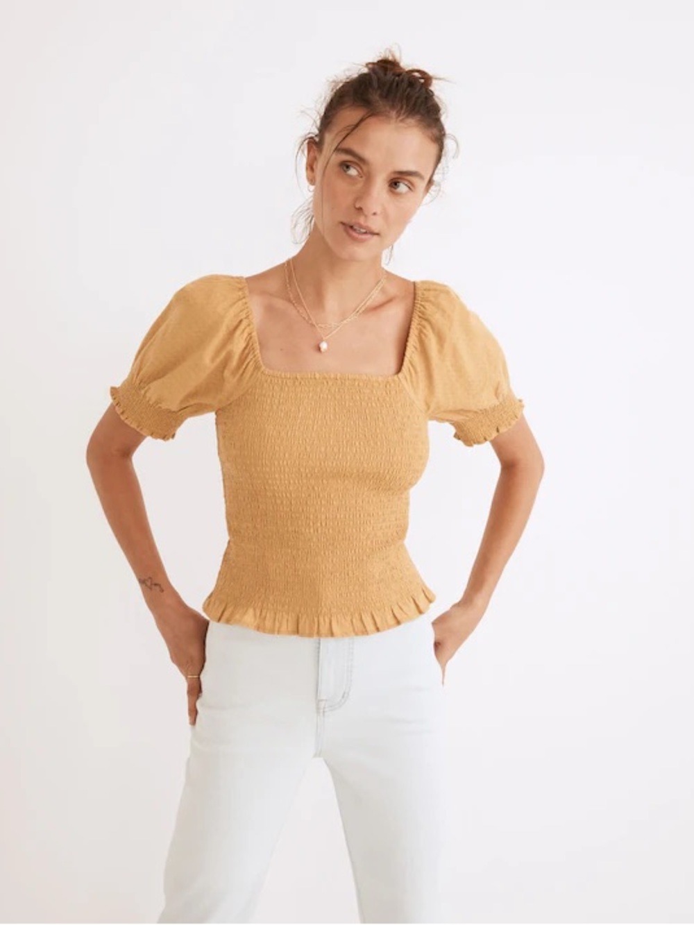 Madewell Lucie Puff-Sleeve Smocked Bodice Cotton Top in Earthen Gold Mustard M
